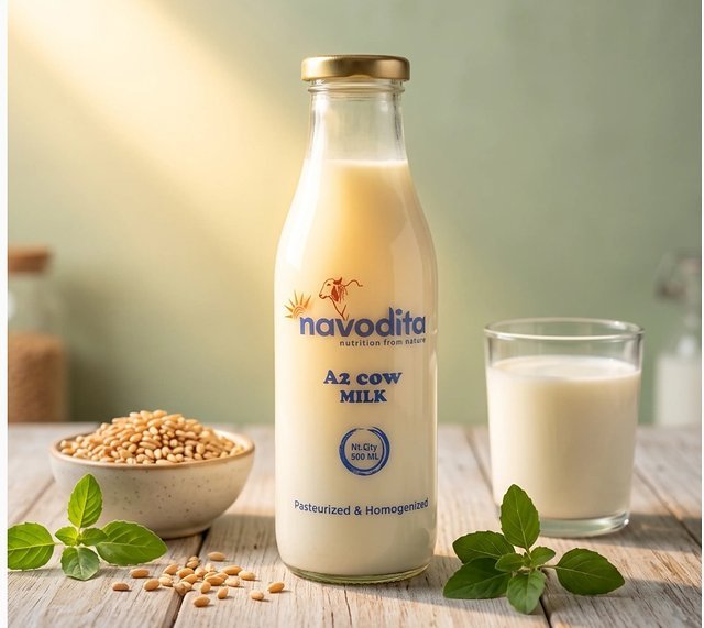 navodita A2 cow milk in a returnable 500 ml glass bottle